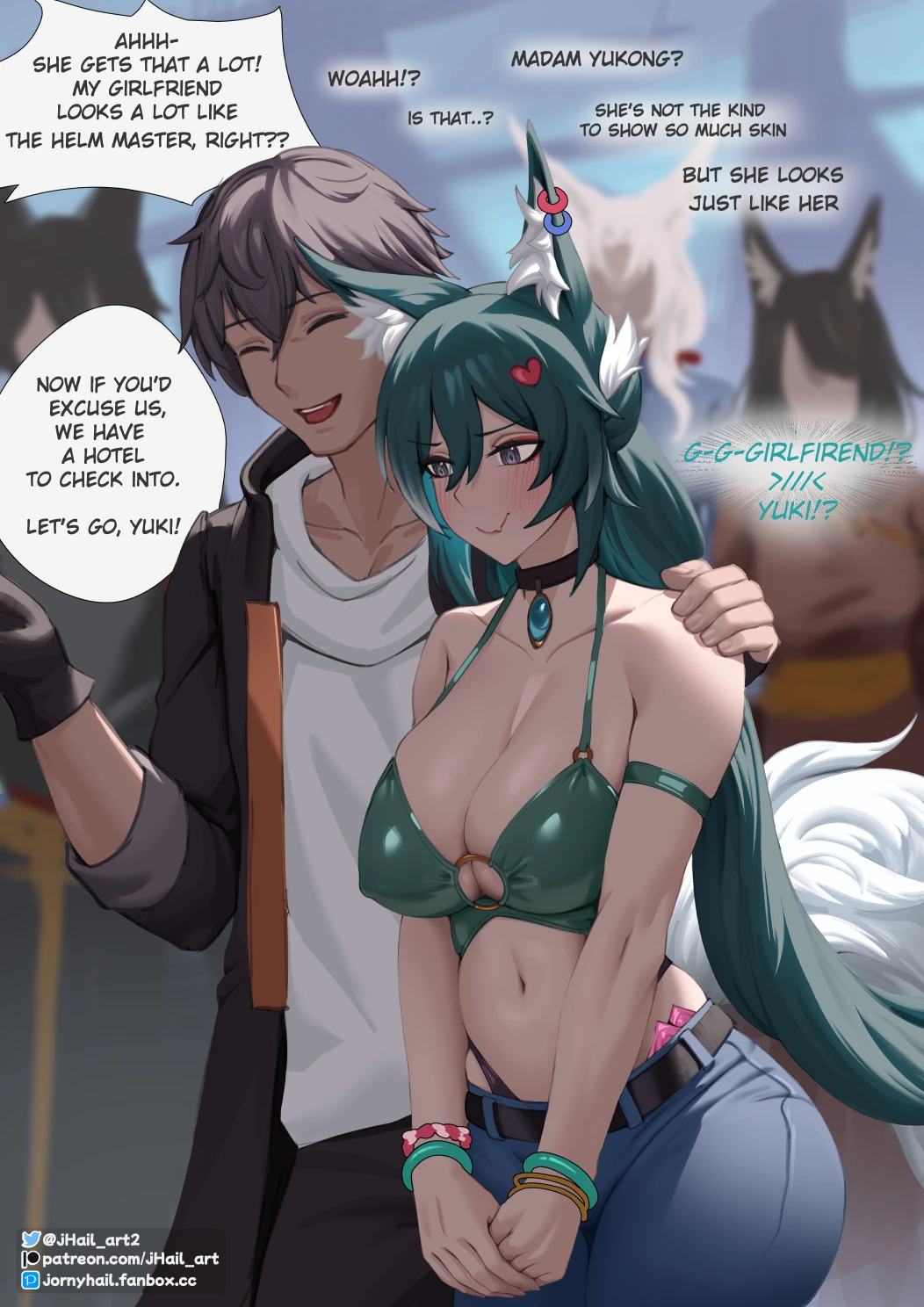 jornyhail, honkai: star rail, caelus (honkai: star rail), yukong (honkai: star rail), before sex, big ass, big breasts, blush, bracelet, condom, fox ears, fox tail, smile, thick thighs, tight bra, tight pants