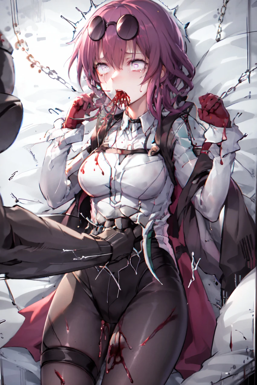 honkai (series), honkai: star rail, kafka (honkai: star rail), blood, chains, glasses, gore, large breasts, mature female, red eyes, red hair, violence, ai generated