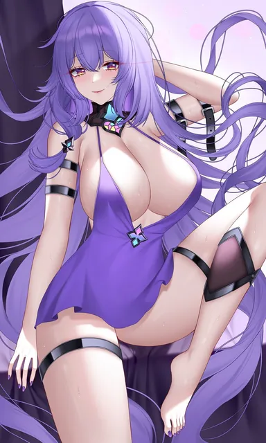 honkai: star rail, black swan (honkai: star rail), belt, big breasts, long hair, no bra, purple dress, purple hair