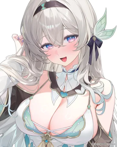 honkai: star rail, firefly (honkai: star rail), cleavage, full-face blush, gradient eyes, huge breasts, nail polish, naughty smile, painted nails, upper body