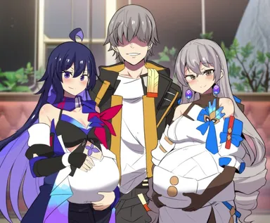 hinghoi, honkai: star rail, bronya rand, caelus (honkai: star rail), seele (honkai: star rail), 1boy, 2girls, hand on stomach, looking at viewer, multiple pregnancies, pregnant, straight