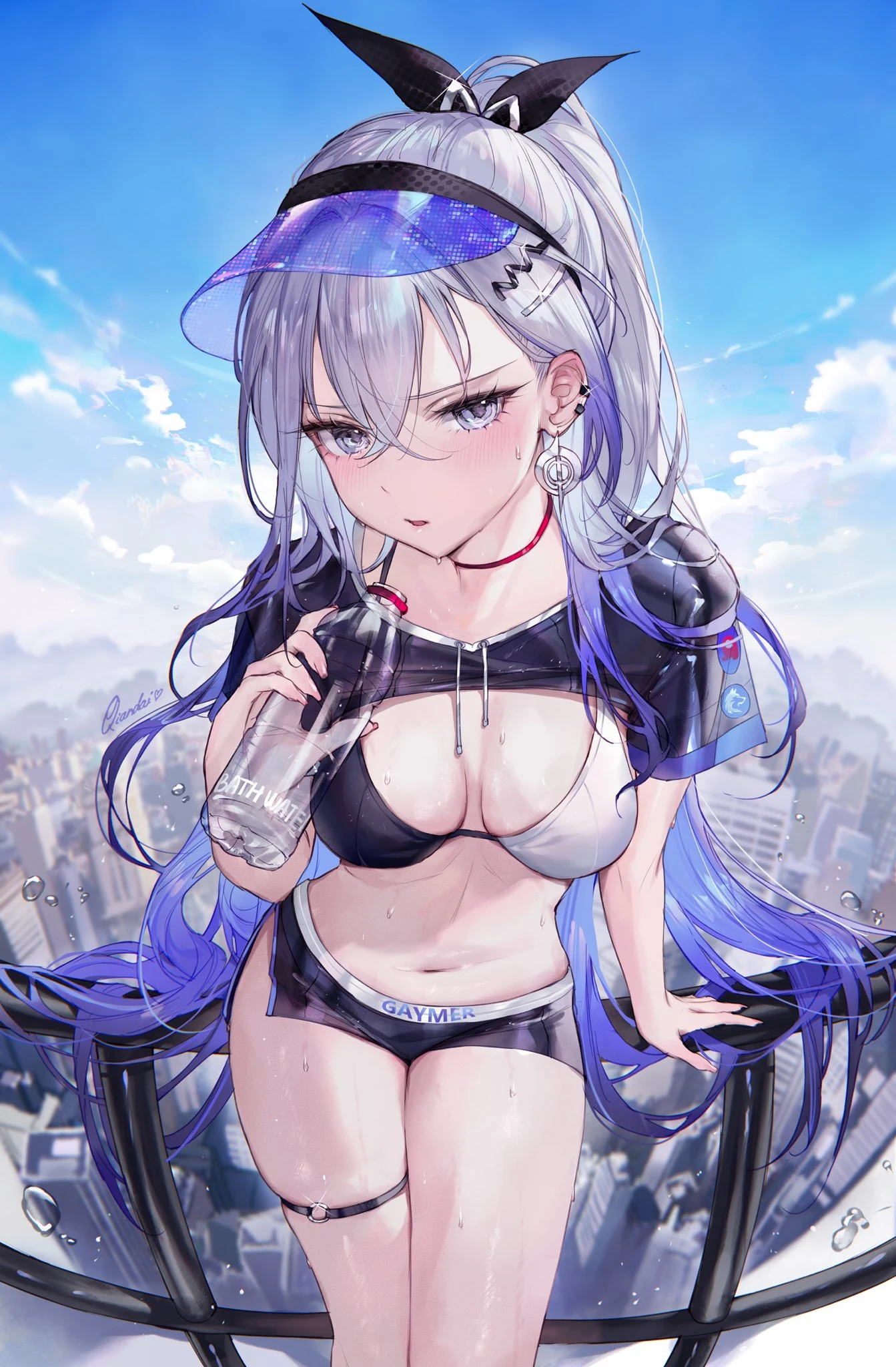 qiandaiyiyu, honkai (series), honkai: star rail, silver wolf (honkai: star rail), 1girls, bottle, detailed background, earrings, female, female focus, female only, gradient hair, gym clothing, gym shorts, holding, holding bottle, holding object, light skin, light-skinned female, long hair, looking at viewer, medium breasts, ponytail, silver eyes, silver hair, sports bra, sportswear, sweat, sweatdrop, sweating, sweaty, thick thighs, thighs, water, water bottle, tagme