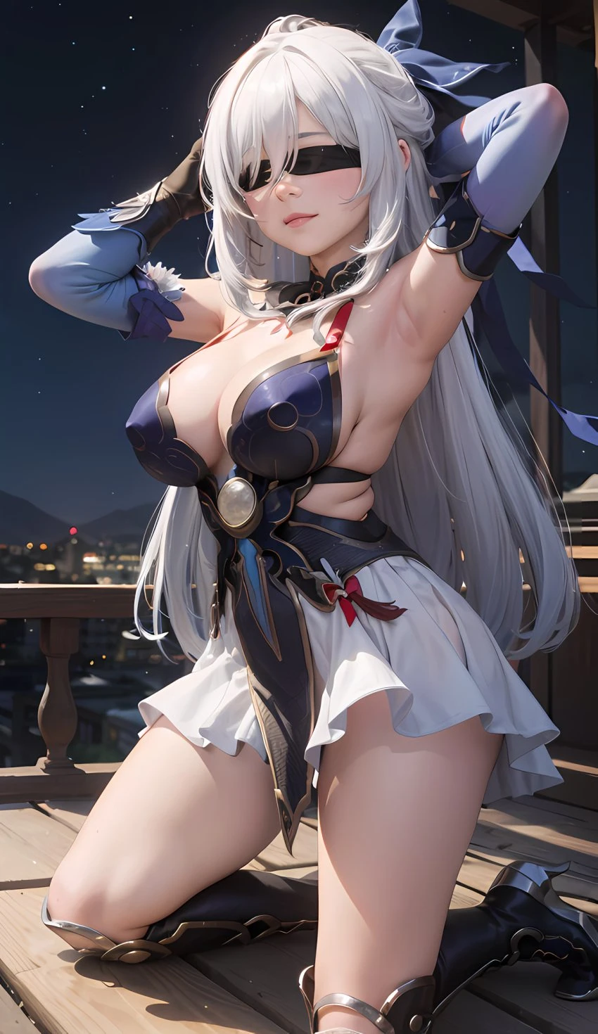 cortezian generations, honkai (series), honkai: star rail, hoyoverse, mihoyo, patreon, jingliu (honkai: star rail), 1girls, armpits, arms up, bare shoulders, big breasts, blindfold, boots, cleavage, clothing, dress, female, gloves, huge breasts, kneeling, long hair, night sky, solo, stars, thick thighs, thighs, white hair, ai generated, hi res