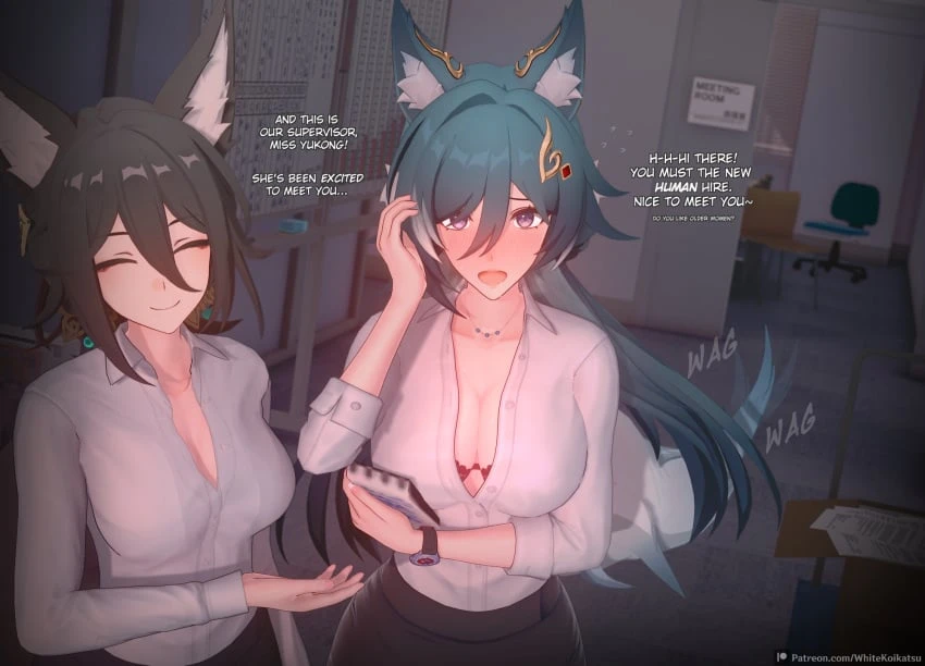 white (artist), honkai (series), honkai: star rail, tingyun (honkai: star rail), yukong (honkai: star rail), 2girls, animal ear fluff, animal ears, blue hair, blush, bra, breasts, brown hair, formal wear, fox ears, fox girl, fox tail, kemonomimi, necklace, no sex, older female, purple eyes, smile, standing, tail, tail motion, tail wagging, 2023, english text, hi res, text