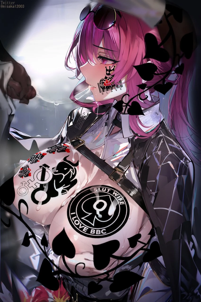 kafka (honkai: star rail), 1boy, 1girls, cleavage, cum, female, male, queen of spades, raceplay, tattoo, edit, edited, third-party edit