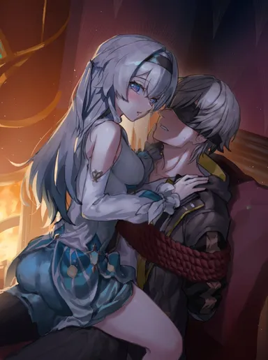 honkai: star rail, caelus (honkai: star rail), firefly (honkai: star rail), 1boy1girl, bondage, dominant female, imminent sex, looking at viewer, sitting, sitting on chair, sitting on lap, sitting on person, submissive male, tied, tied up