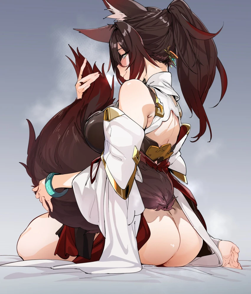 uno ryoku, honkai: star rail, tingyun (honkai: star rail), ass, brown hair, feet, fox ears, fox girl, fox tail, green eyes, light-skinned female, ponytail, sitting, solo, tagme