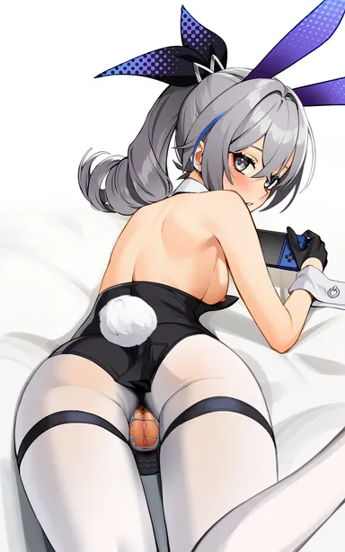 ett, honkai: star rail, silver wolf (honkai: star rail), blush, breasts, bunnysuit, console, exposed breasts, exposed pussy, gloves, grey eyes, grey hair, looking at viewer, looking back, mostly clothed, nintendo switch, pussy, top down, torn clothing, white hair, uncensored