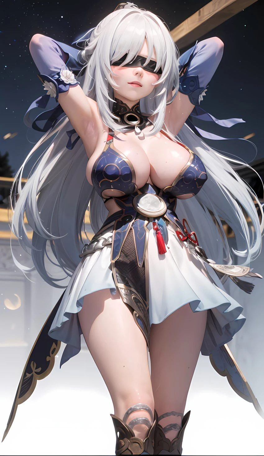 cortezian generations, honkai (series), honkai: star rail, hoyoverse, mihoyo, patreon, jingliu (honkai: star rail), 1girls, armpits, arms up, bare shoulders, big breasts, blindfold, boots, cleavage, clothing, dress, female, huge breasts, long hair, night sky, solo, stars, thick thighs, thighs, white hair, ai generated, hi res