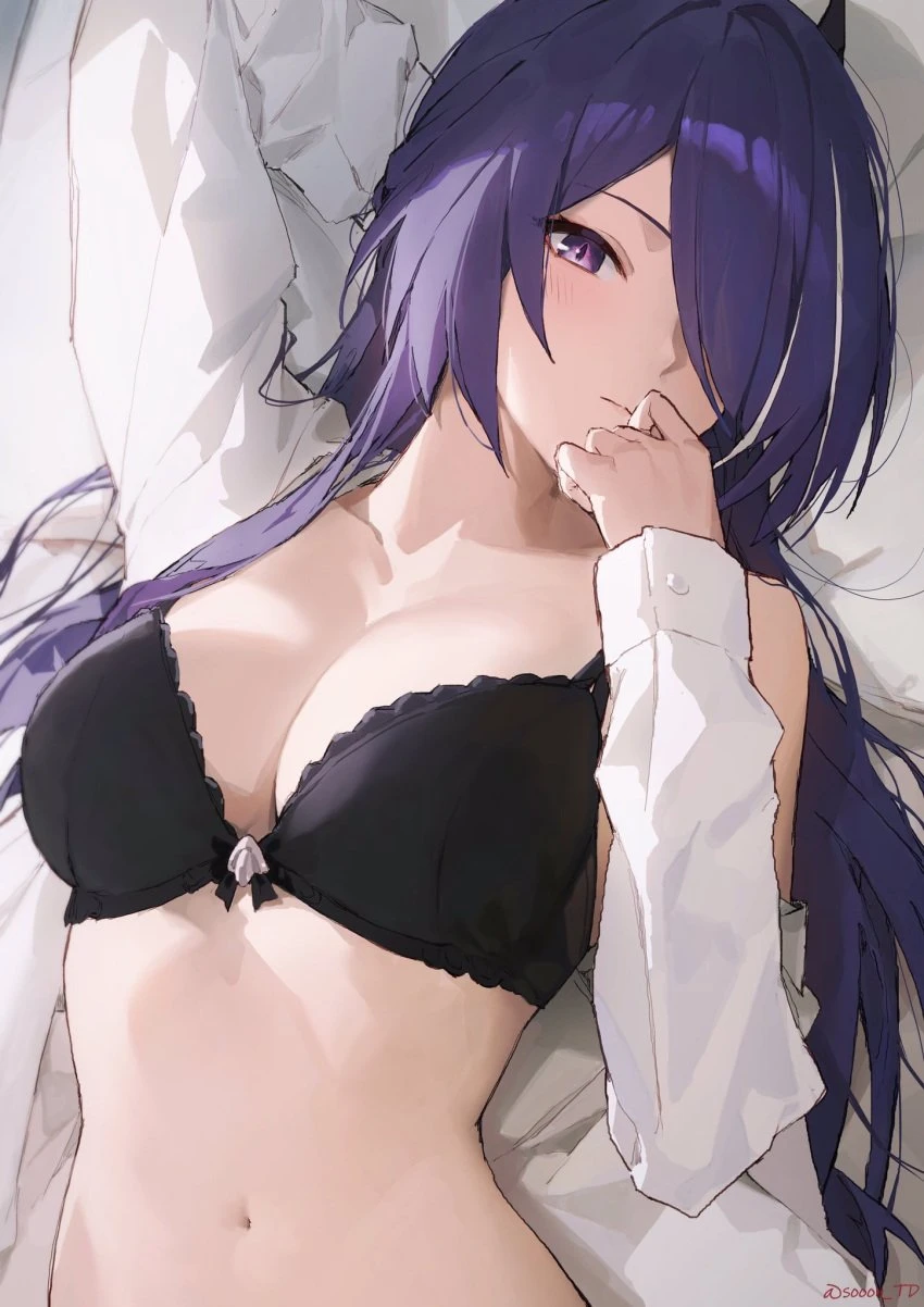 honkai (series), honkai: star rail, acheron (honkai: star rail), 1girls, bra, breasts, large breasts, looking at viewer, lying, purple eyes, purple hair, seductive