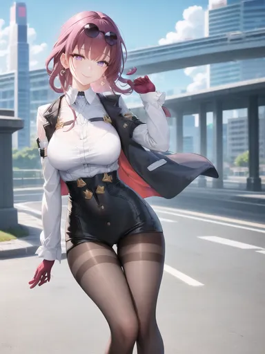 kafka (honkai: star rail), big breasts, clothing, pantyhose, public, sunglasses, sunglasses on head, thick thighs