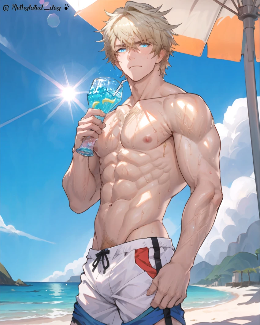 methylated dog, honkai (series), honkai: star rail, gepard (honkai: star rail), 1boy, abs, balls, bara, big balls, big penis, blonde hair, blue eyes, blush, gay, gay male, large pectorals, male, male focus, male nipples, male only, male pubic hair, muscle, muscular, muscular male, pecs, pectorals, solo, solo male, ai generated, censored