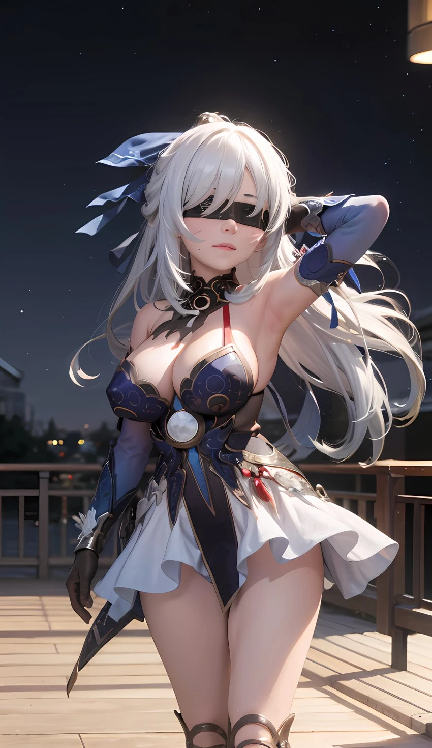 cortezian generations, honkai (series), honkai: star rail, hoyoverse, mihoyo, patreon, jingliu (honkai: star rail), 1girls, armpits, bare shoulders, big breasts, blindfold, boots, cleavage, clothing, dress, female, gloves, huge breasts, long hair, night sky, solo, stars, thick thighs, thighs, white hair, ai generated, hi res