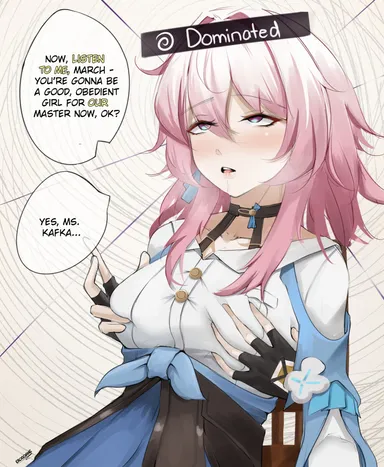 eroborne, honkai: star rail, caelus (honkai: star rail), march 7th (honkai: star rail), brainwashing, disembodied hands, drooling, groping, groping from behind, groping through clothes, mind control, pink hair, spiral, dialogue