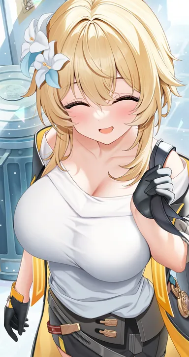 fukuro ko (greentea), genshin impact, honkai: star rail, lumine (genshin impact), stelle (honkai: star rail) (cosplay), 1girls, big breasts, blonde hair, breasts, busty, cleavage, clothed, clothed female, clothing, cosplay, female, female only, huge breasts, large breasts, looking at viewer, short hair, voluptuous, yellow eyes