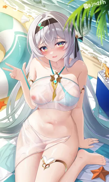 jndfh, honkai (series), honkai: star rail, firefly (honkai: star rail), barefoot, bikini, bikini top only, black hairband, blue bikini, blush, bottomless, breasts, feet, female, grey hair, hair between eyes, hair intakes, hairband, long hair, looking at viewer, medium breasts, nipples, one breast out, parted lips, purple eyes, pussy, sarong, see-through, see-through sarong, see-through shirt, shirt, sidelocks, skirt, smile, solo, swimsuit, thighlet, toenails, toes, white sarong, white shirt, absurdres, censored, commentary request, highres, mosaic censoring