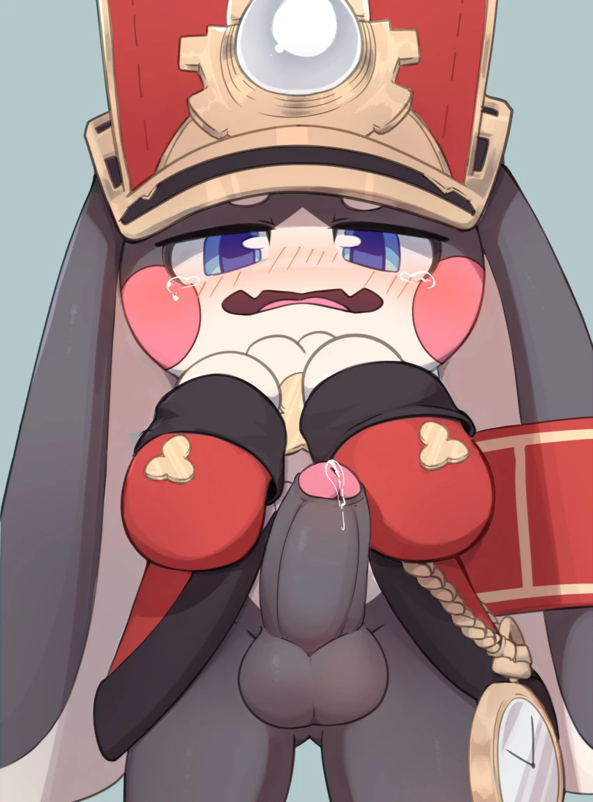 smite (artist), honkai: star rail, pom-pom (honkai: star rail), anthro, black body, blue eyes, blush, bodily fluids, clock, clothed, clothing, conductor, crying, dripping, embarrassed, foreskin, fur, genital fluids, genitals, grey body, grey fur, hat, headgear, headwear, humanoid genitalia, humanoid penis, lagomorph, leporid, long ears, looking down, male, mammal, multicolored body, penis, pocketwatch, precum, precum drip, rabbit, solo, tears, two tone body, watch, white body, hi res