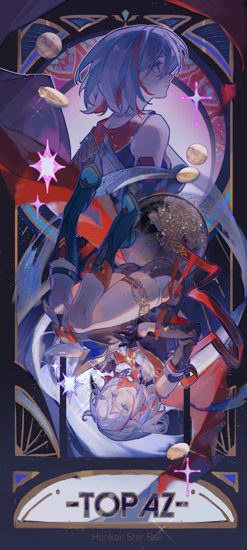 honkai: star rail, topaz (honkai: star rail), boots, card, from behind, magic, short hair