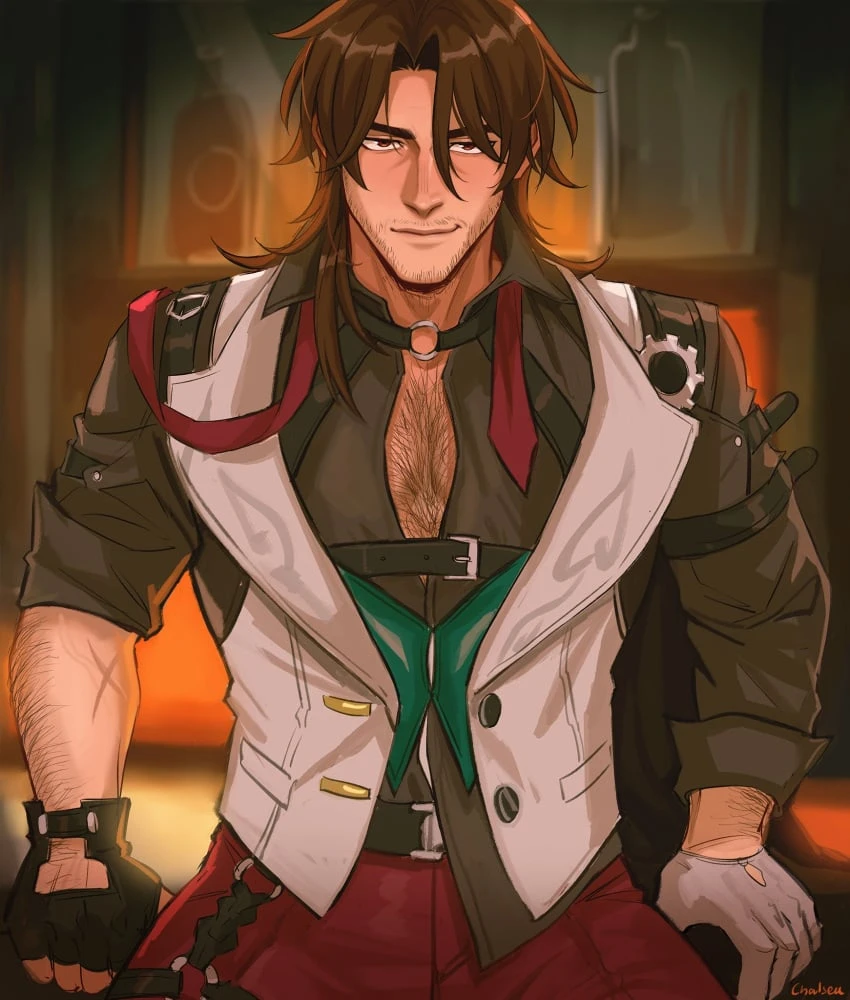 sombre slahc, honkai: star rail, gallagher (honkai: star rail), body hair, brown hair, chest hair, facial hair, fully clothed, gay, gloves, hairy, looking at viewer, male, male only, male pov, muscular, pants, pov, pov male, yaoi