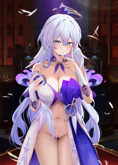 ru zhai, honkai (series), honkai: star rail, robin (honkai: star rail), :o, blue dress, blue eyes, blue hair, blue nails, bottomless, breasts, bridal gauntlets, brown halo, cleavage, commentary request, dress, female, fingernails, halo, head wings, holding, indoors, jewel under eye, large breasts, long hair, looking at viewer, musical note ornament, nail polish, navel, pussy, solo, standing, thighs, two-tone dress, white dress, wings, absurdres, censored, chinese commentary, highres, mosaic censoring, paid reward available, partial commentary