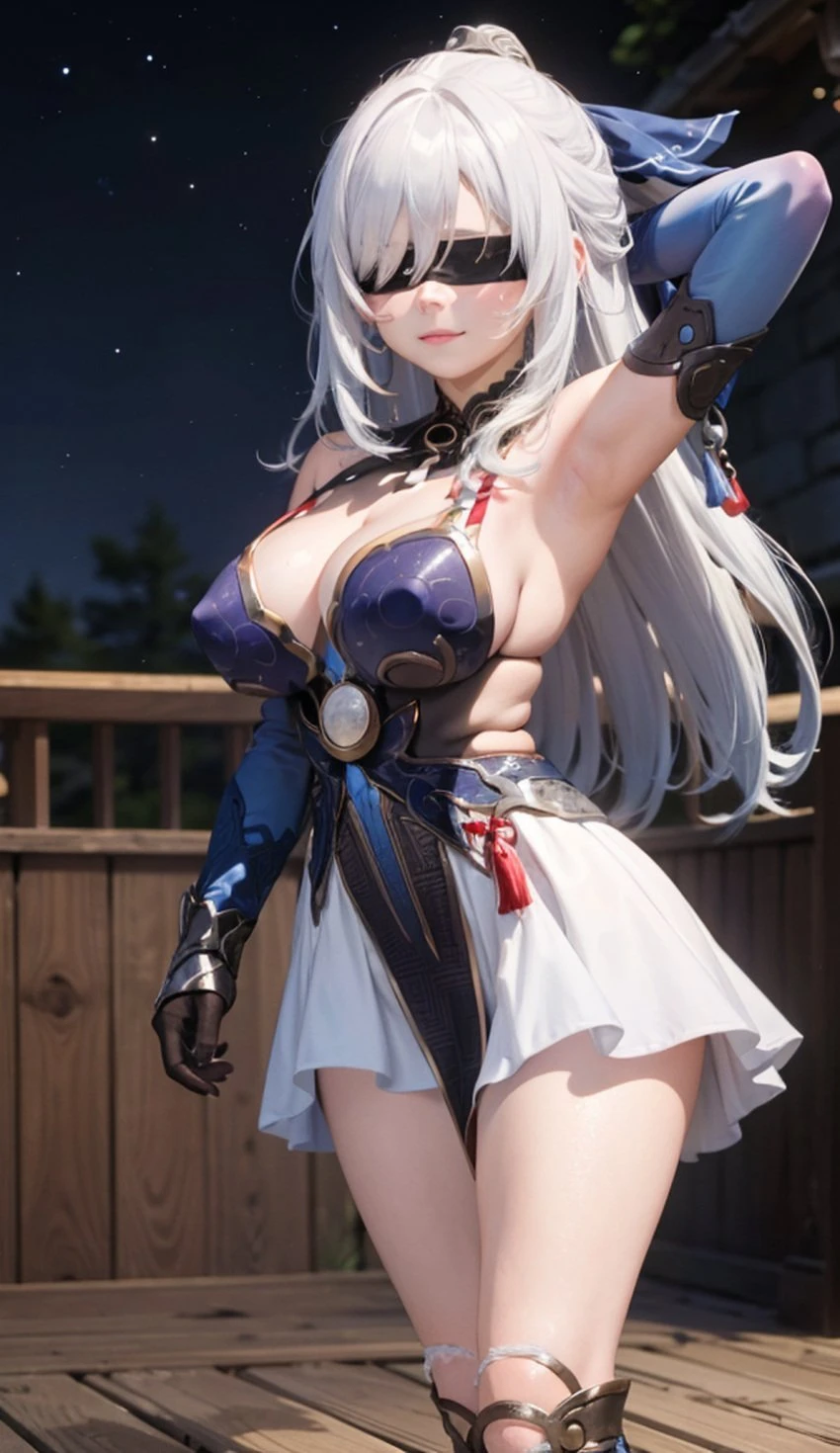 cortezian generations, honkai (series), honkai: star rail, hoyoverse, mihoyo, patreon, jingliu (honkai: star rail), 1girls, armpits, arms up, bare shoulders, big breasts, blindfold, blush, boots, cleavage, clothing, dress, female, gloves, hard nipples, long hair, night sky, solo, stars, thick thighs, thighs, white hair, ai generated, hi res