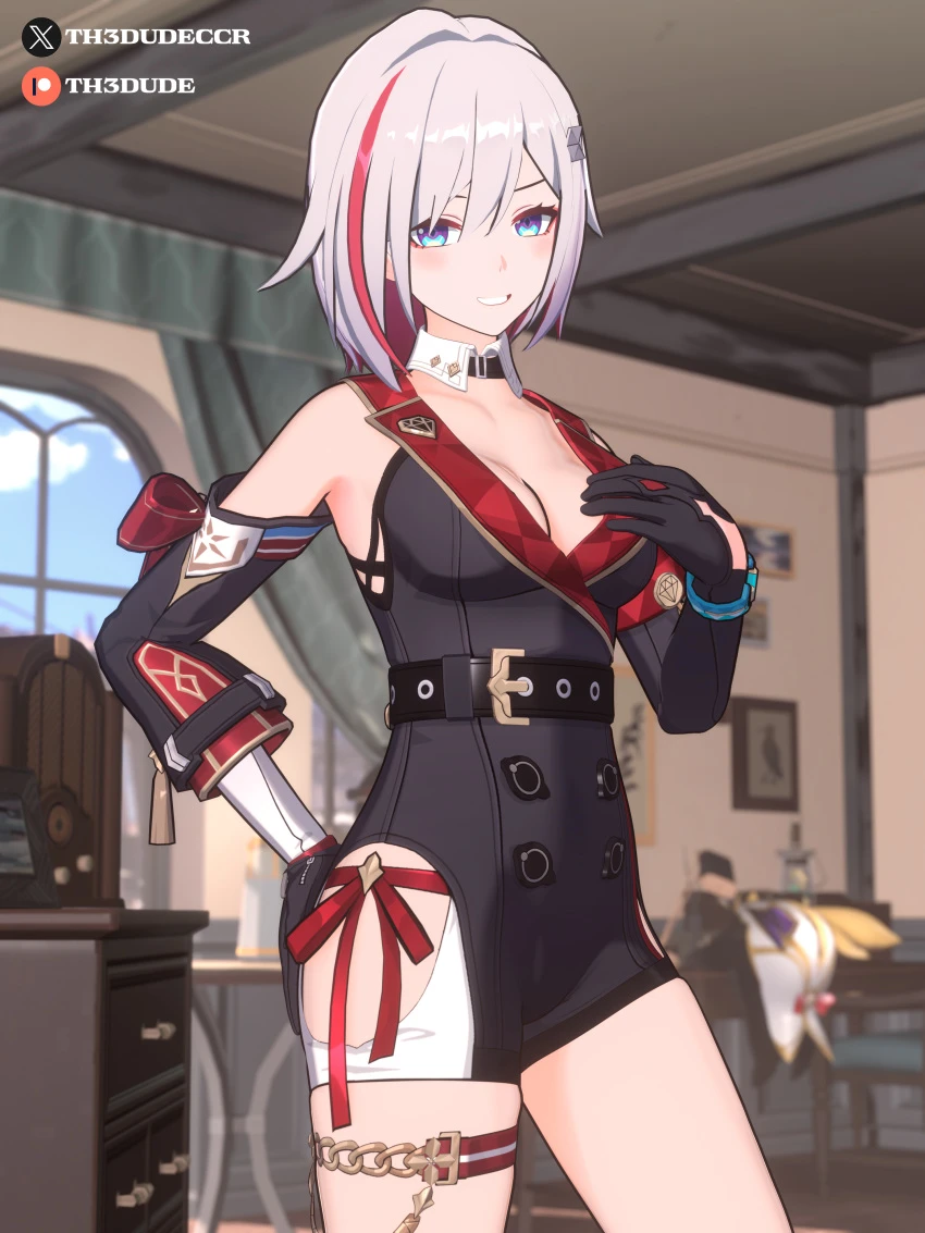 honkai (series), honkai: star rail, topaz (honkai: star rail), blue eyes, cleavage, collar, collarbone, embarrassed, female, gloves, light skin, light-skinned female, short hair, silver hair, smile, smiling, smiling at viewer, thigh strap, thighs, 3d, blender, watermark