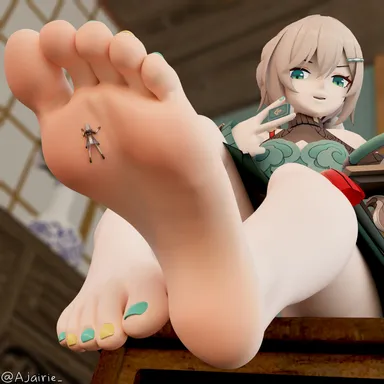 ajairie, honkai: star rail, qingque (honkai: star rail), stelle (honkai: star rail), 2girls, brown hair, feet, female, female only, foot fetish, giantess, green eyes, minigirl, multicolored toenails, soles, stuck to foot, toes