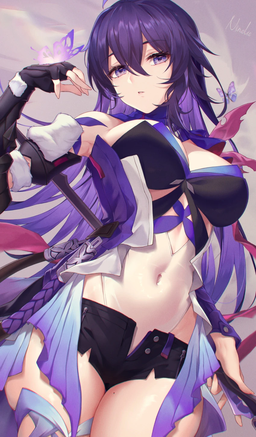 ninelie, honkai: star rail, seele (honkai: star rail), blue hair, breasts, butterfly