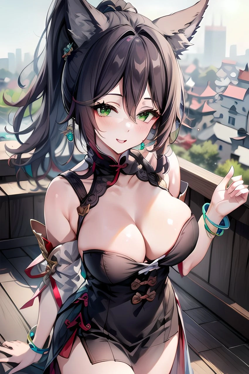 honkai: star rail, tingyun (honkai: star rail), big breasts, brown hair, chinese clothes, chinese dress, curvy, curvy figure, cute, cute face, dark hair, detailed background, fox, fox ears, green eyes, looking at viewer, ponytail, sexy, sexy pose, smile, smiling, thick thighs, ai generated, detailed, hi res, high resolution, highres