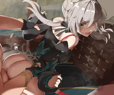 takashia (akimototakashia), honkai (series), honkai: star rail, caelus (honkai: star rail), qingque (honkai: star rail), 1boy, ass, bare shoulders, black sleeves, blush, braid, breasts, clothed female nude male, clothed sex, crown braid, dress, female, green dress, green eyes, grey hair, hair ornament, hairclip, long hair, long sleeves, looking back, low twintails, medium breasts, nude, open mouth, sex, sex from behind, smile, straight, thighs, twintails, highres