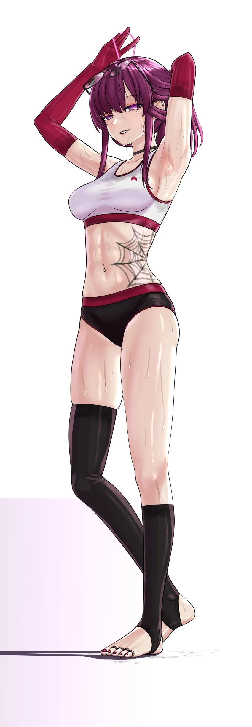 honkai (series), honkai: star rail, kafka (honkai: star rail), choker, glasses on head, legwear, neso neso, purple eyes, purple hair, red hair, spiderweb tattoo, sports bra, sports panties, sportswear, sweat, sweat stain, sweating, sweating profusely, sweaty body, sweaty clothes, tattoo, wet clothes, white topwear