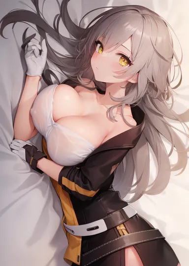 zirend, honkai (series), honkai: star rail, stelle (honkai: star rail), 1girls, blush, bra, breasts, collarbone, gloves, gray hair, large breasts, long hair, looking at viewer, lying, solo, yellow eyes, 2023, ai generated, hi res, tagme