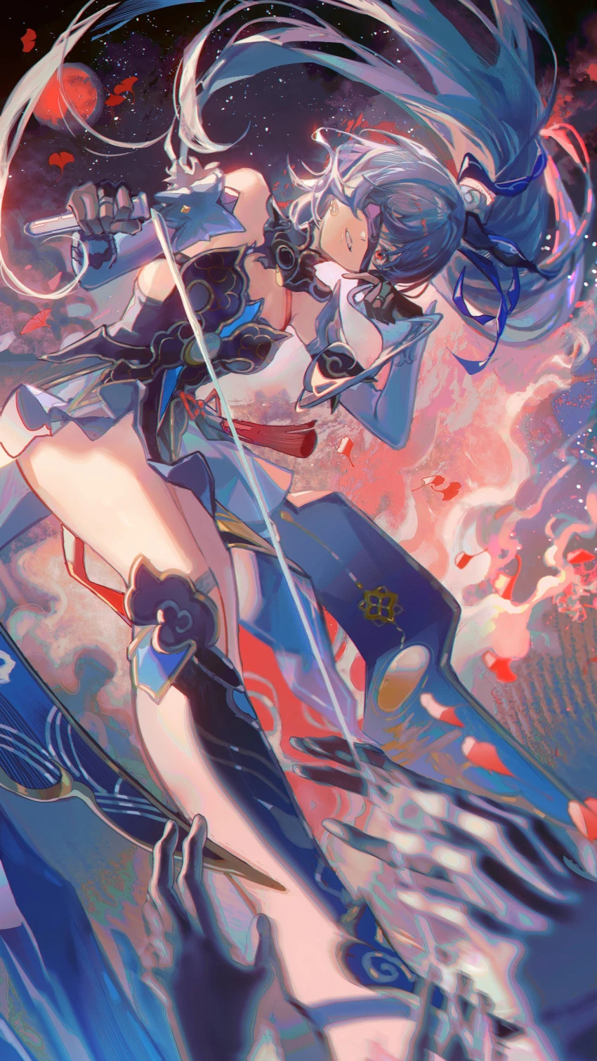 honkai (series), honkai: star rail, jingliu (honkai: star rail), bare shoulders, black blindfold, black gloves, blindfold, blue dress, blue ribbon, blue sleeves, breasts, cangchen, chinese clothes, detached sleeves, dress, dutch angle, floating hair, foreshortening, gloves, hair between eyes, hair ribbon, high ponytail, long hair, looking at viewer, medium breasts, parted lips, pouring, red eyes, ribbon, smile, solo, stepped on, white hair, absurdres, highres