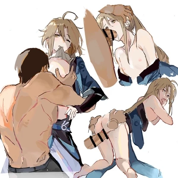 honkai: star rail, yanqing (honkai: star rail), 2boys, anal, big penis, blonde hair, blowjob, clothes around waist, faceless character, faceless male, femboy, feminine male, feminization, gay, gay blowjob, gay sex, grabbing hair, holding head, innocent, long hair, older male, older penetrating younger, pretty boy, spread ass, yaoi, young, tagme