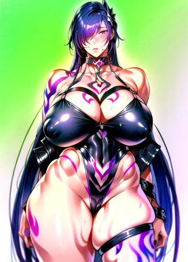 qqitu, honkai: star rail, acheron (honkai: star rail), 1girls, choker, cleavage, curvaceous, hair over one eye, huge breasts, leotard, purple eyes, purple hair, tattoos, thick thighs, absurd res, ai generated, stable diffusion