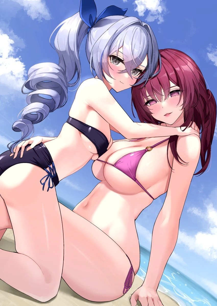 marumai, honkai (series), honkai: star rail, kafka (honkai: star rail), silver wolf (honkai: star rail), 2girls, adult, adult female, arm support, armpits, ass, bare armpits, bare arms, bare back, bare belly, bare calves, bare chest, bare hands, bare hips, bare knees, bare legs, bare midriff, bare navel, bare shoulders, bare skin, bare thighs, beach, belly, belly button, bikini, bikini bottom, bikini only, bikini top, black bikini, black bikini bottom, black bikini only, black bikini top, black swimsuit, black swimwear, blue hair ribbon, blue ribbon, blue sky, boobs pressed, breast press, breast press on chest, breast squeeze, breasts, breasts press, breasts pressed against another, breasts pressed against partner, breasts pressed together, breedable, busty, busty female, calves, child bearing hips, cleavage, closed mouth smile, clouds, coast, collarbone, crossed bangs, day, daylight, daytime, dot nose, drill curls, drill hair, elbows, exposed, exposed armpits, exposed arms, exposed belly, exposed legs, exposed midriff, exposed thighs, eyebrows visible through hair, female, female focus, female only, fingers, fuckable, grey eyes, grin, hair between eyes, hair ribbon, half naked, half nude, hand on another&#039;s ass, hand on another&#039;s butt, hand on ass, hand on butt, hand on floor, hand on ground, hands on another&#039;s shoulders, hands on shoulders, head tilt, horizon, hourglass figure, knees, large breasts, lean body, lean figure, legs, light skin, light skin female, light skinned, light skinned female, light-skined female, light-skinned, light-skinned female, lips, long hair, looking at viewer, looking down, looking down at viewer, mature, mature female, medium breasts, multiple females, multiple girls, naked, naked female, naked woman, narrow waist, navel, nude, nude female, nudity, o-ring bikini, o-ring bikini top, ocean, open mouth, open mouth smile, outdoor, outdoor nudity, outdoors, outside, parted lips, ponytail, pressing breast on partner, pressing breasts, pressing breasts together, purple bikini, purple bikini bottom, purple bikini top, purple eyebrows, purple eyes, purple eyes female, purple hair, purple hair female, purple string bikini, purple swimsuit, purple swimwear, pushing breasts together, ribbon, sand, sea, seaside, shoulders, side-tie bikini, sideboob, sidelocks, sitting, sky, slender body, slender waist, slim girl, slim waist, smile, smiley face, smiling, smiling at viewer, smirk, squeezing breast, squeezing breasts, squeezing breasts together, string bikini, swimsuit, swimwear, thick thighs, thighs, thin waist, tilted head, tongue, underboob, upper body, wide hips, absurd res, absurdres, high resolution, highres