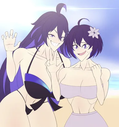 dragonbreaker, honkai (series), honkai impact 3rd, honkai: star rail, seele (honkai: star rail), seele vollerei, 2girls, accessory, bangs, beach, bikini, black hair, blue eyes, breasts, flower in hair, huge breasts, leaning, multicolored hair, nervous, nervous smile, posing, purple hair, skirt, smiling, smiling at viewer, thick thighs, first porn of character