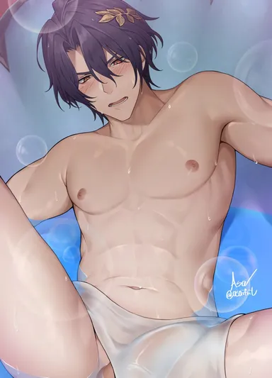 asaifrit, honkai: star rail, dr. ratio (honkai: star rail), 1boy, abs, bath towel, blue hair, blush, bubbles, bulge, gay, muscular, muscular male, penis, penis outline, wet, wet towel, yaoi