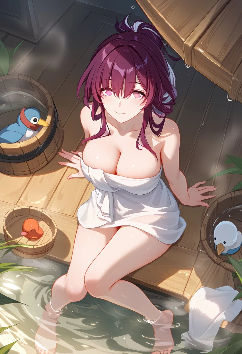 límíng zhī xià, honkai: star rail, hoyoverse, pixiv, kafka (honkai: star rail), bare legs, barefoot, big breasts, bob cut, feet, glowing eyes, long hair, looking at viewer, purple eyes, purple hair, sauna, slim waist, smiling at viewer, thick thighs, tied hair, towel, towel around waist, towel only, viewed from above, wide hips, ai generated