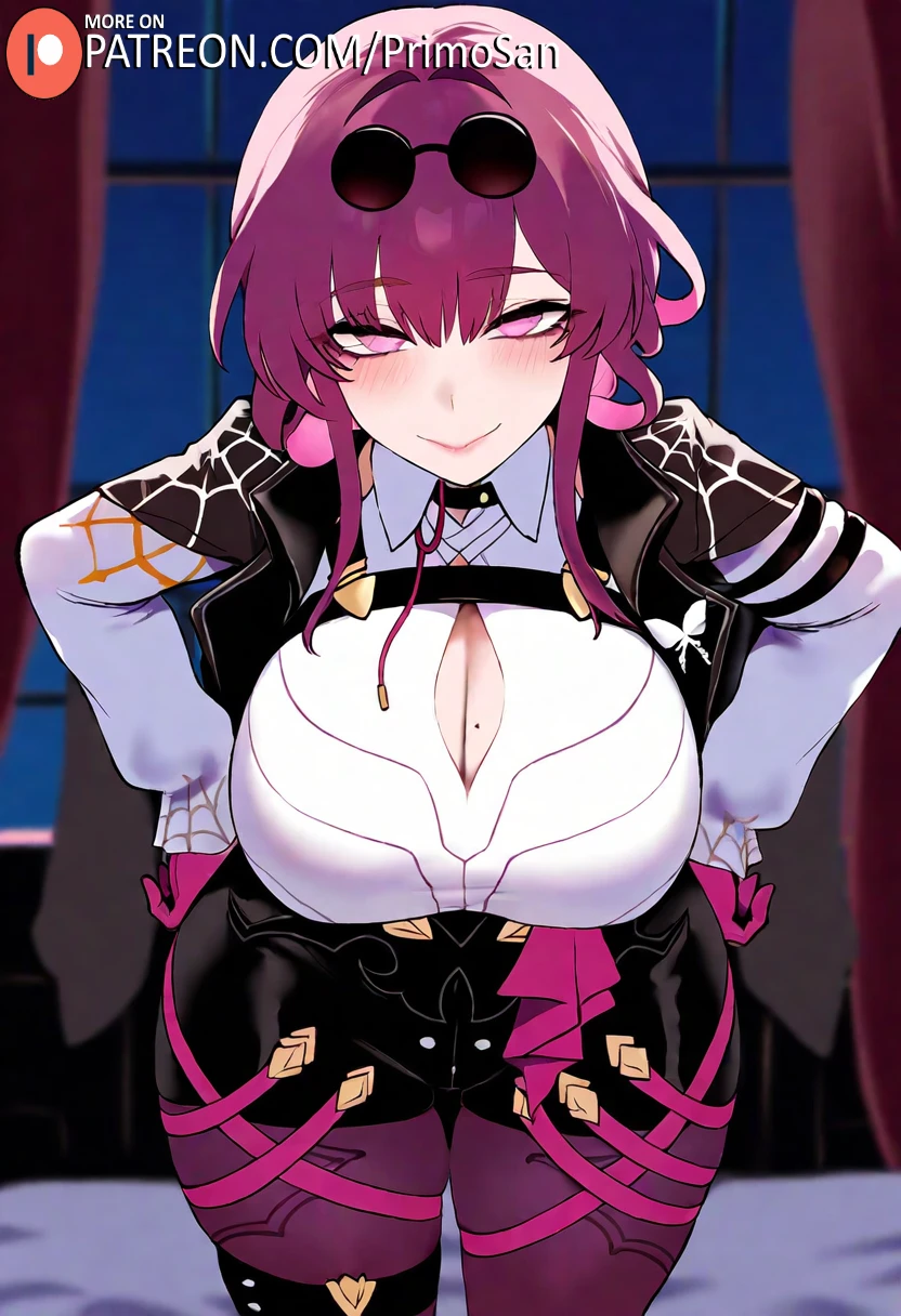 primosan, honkai: star rail, kafka (honkai: star rail), cleavage, glasses, hair between eyes, hands on hips, large ass, large breasts, leaning forward, mature female, purple eyes, purple hair, shirt, short ponytail, smile, standing, white shirt, ai generated