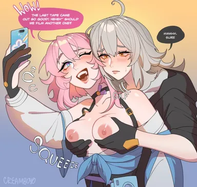 creamboyo, honkai (series), honkai: star rail, march 7th (honkai: star rail), stelle (honkai: star rail), 2girls, amber eyes, areolae, blue eyes, blush, breasts, breasts grab, female, female focus, female/female, grabbing from behind, medium breasts, nipples, pink hair, selfie, silver hair, wink, yuri, dialogue, english text, hi res, speech bubble