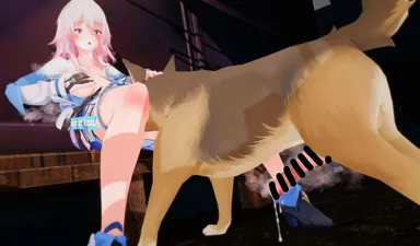 luminous axis, honkai (series), honkai: star rail, mihoyo, march 7th (honkai: star rail), 1boy, 1boy1girl, 1girls, breast grab, breasts, breasts out, canine, cunnilingus, cunnilingus from canine, feral, feral on female, feral on human, interspecies, knot, licking pussy, male/female, nipples, outdoors, outside, pink hair, precum, short hair, steam, straight, zoophilia, 3d, censor bar, censored, censored penis, mosaic censoring