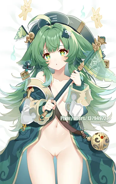 bakugadou, honkai (series), honkai: star rail, huohuo (honkai: star rail), :o, ahoge, ass visible through thighs, bare shoulders, bed sheet, black headwear, breasts, dakimakura (medium), female, green eyes, green hair, groin, hair intakes, hair ornament, holding, long sleeves, looking at viewer, lying, navel, off shoulder, on back, open clothes, parted lips, paw-shaped pupils, pussy, small breasts, solo, highres, uncensored, watermark