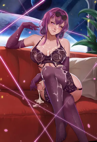 exlic, honkai: star rail, mihoyo, kafka (honkai: star rail), 1futa, big breasts, big penis, breasts, clothed, clothing, couch, crossed legs, cum, cum drip, cum on body, cum on breasts, cum on face, detailed background, elbow gloves, erection, futa only, futanari, gloves, human, light skin, light-skinned futanari, lingerie, medium hair, mostly nude, penis, purple hair, sitting, solo, sunglasses, sunglasses on head, thighhighs, lowres