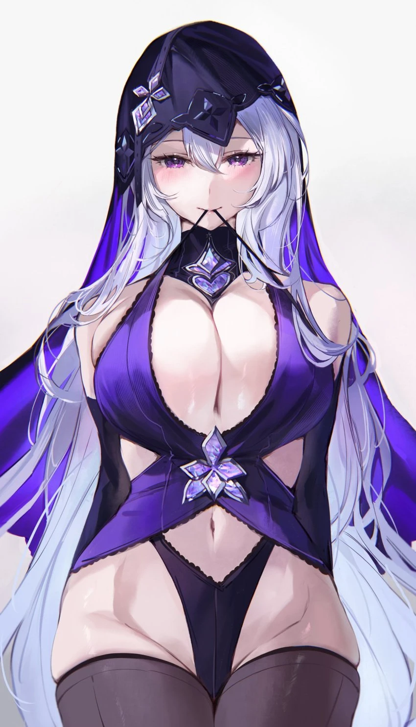 qiandaiyiyu, honkai (series), honkai: star rail, black swan (honkai: star rail), 1girls, blush, cleavage, cleavage cutout, cleavage overflow, female, female focus, female only, hood, large breasts, light blush, light skin, light-skinned female, long hair, looking at viewer, purple eyes, smile, smiling, smiling at viewer, strings, teasing, teasing viewer, thick thighs, thighhighs, thighs, white hair, tagme