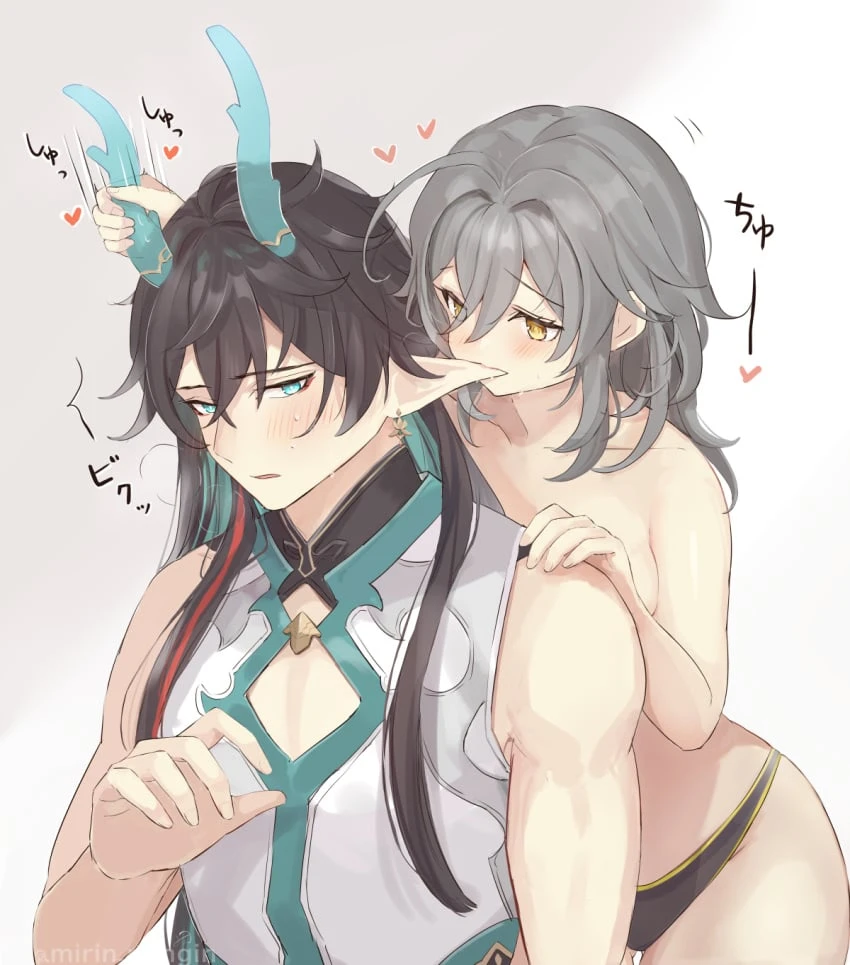 mirin pengin, honkai (series), honkai: star rail, dan heng, dan heng (imbibitor lunae), stelle (honkai: star rail), 1boy, aqua eyes, black hair, black panties, breasts, chinese clothes, dragon boy, dragon horns, earrings, female, grey hair, horns, jewelry, long hair, medium breasts, no bra, panties, pointy ears, topless, underwear, yellow eyes, highres