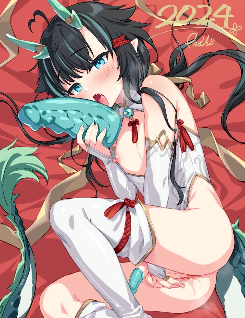 peshita, chinese zodiac, honkai: star rail, original, dan heng, 1boy, anal fingering, anal fluid, asymmetrical legwear, bed sheet, black hair, blue eyes, blue hair, blush, bottomless, bridal gauntlets, condom, condom on penis, dildo, dragon boy, dragon dildo, dragon horns, dragon tail, fellatio, femboy, feminine male, fingering, girly, holding, holding sex toy, horns, kneehighs, licking, licking dildo, long hair, looking at viewer, lying, male, male focus, male only, multicolored hair, nipples, on bed, on side, open mouth, oral, otoko no ko, penis, pointy ears, sex toy, simulated fellatio, single kneehigh, single sock, single thighhigh, small penis, socks, solo, streaked hair, tail, thighhighs, tongue, tongue out, trap, two-tone hair, uneven legwear, white socks, white thighhighs, 2024, artist name, commentary request, highres, signature, year of the dragon