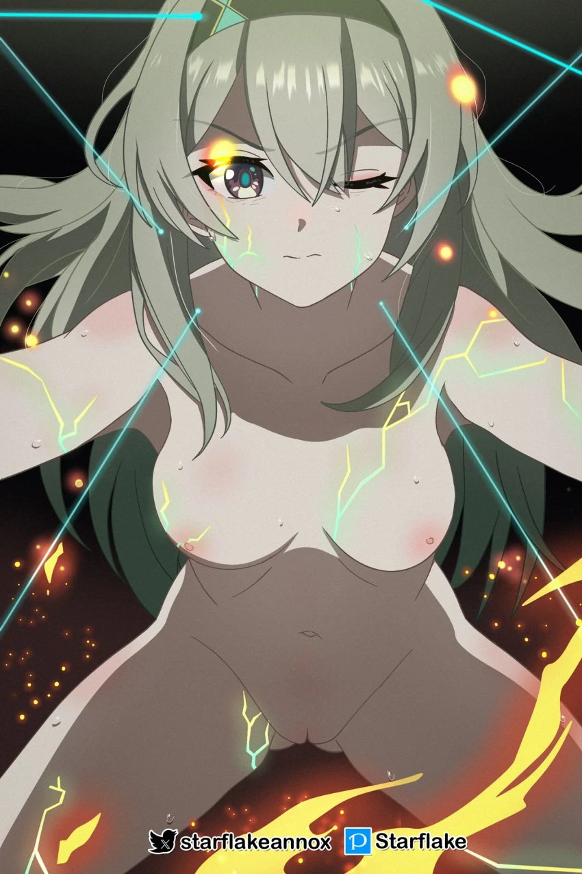 honkai (series), honkai: star rail, firefly (honkai: star rail), black hairband, breasts, collarbone, cowboy shot, female, grey hair, hair between eyes, hairband, long hair, medium breasts, navel, nipples, nude, one eye closed, solo, spread legs, starflake (starclusteriu), sweat, sweatdrop, highres