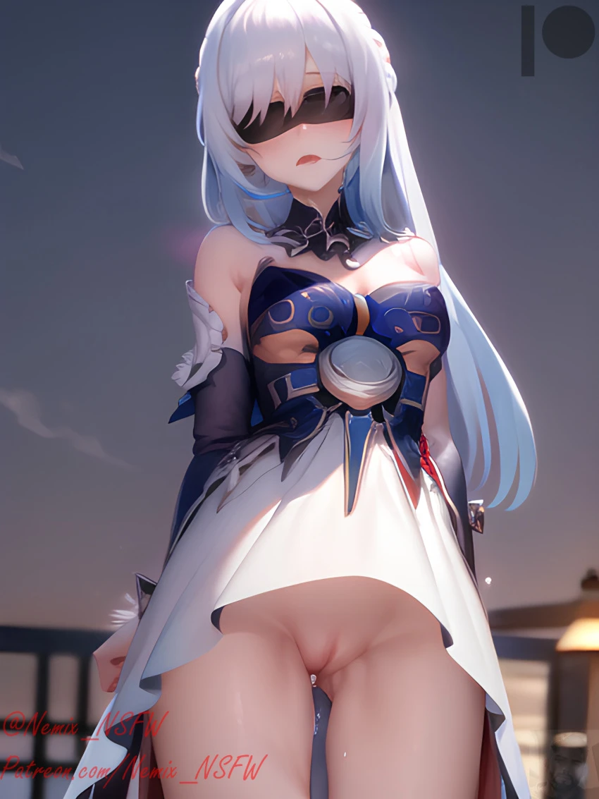 honkai (series), honkai: star rail, jingliu (honkai: star rail), blindfold, curvy, nsfw, pale skin, upskirt, white hair, ai generated