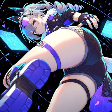 dryai, honkai: star rail, hoyoverse, silver wolf (honkai: star rail), 1girls, ass, big ass, big butt, blush, boots, caked up, cameltoe, fat ass, female, fingerless gloves, fishnets, from behind, fur trim, hologram, huge ass, huge butt, jacket, long hair, looking at viewer, looking back, ponytail, shades, short shorts, silver eyes, silver hair, solo, sunglasses on head, thick thighs, thigh strap, thighs, tight shorts, ai generated, hi res, highres